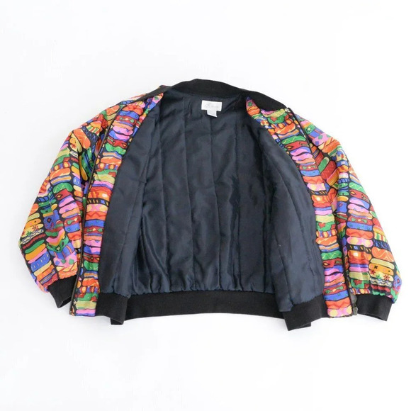 Vintage K Arnold 100% Silk Rainbow Pattern Bomber Jacket M - Picture 13 of 14